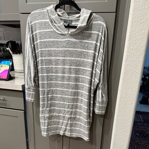 Market & Spruce Gray White Striped Cowl Neck Hoodie Pullover Kangaroo Pocket XL